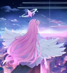 Rule 34 | 1girl, absurdres, angel wings, blue archive, cityscape, dress, feathered wings, from behind, hair bun, halo, highres, long hair, mika (blue archive), night, outdoors, pantyhose, pink hair, pink halo, single side bun, sitting, solo, wan du29, white dress, white pantyhose, white wings, wings