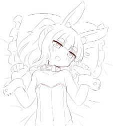 Rule 34 | 1girl, :d, animal ear fluff, animal ears, bare shoulders, bed sheet, blush, collar, collarbone, etrian odyssey, frilled pillow, frills, greyscale, hands up, head tilt, heart, highres, leotard, long hair, looking at viewer, lying, masurao (sekaiju), monochrome, naga u, on back, open mouth, pillow, ponytail, rabbit ears, sekaiju no meikyuu, sekaiju no meikyuu 5, short eyebrows, simple background, sketch, smile, solo, strapless, strapless leotard, thick eyebrows, white background, wrist cuffs