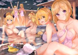 Rule 34 | 5girls, absurdres, ahoge, akai haato, aki rosenthal, ass, bare shoulders, bath, bathing, blonde hair, blush, breast rest, breasts, bucket, closed mouth, collarbone, commentary request, covering privates, from behind, full moon, groin, hair between eyes, highres, hololive, horns, large breasts, long hair, looking at viewer, moon, multiple girls, naked towel, nude cover, ogura toast, oni horns, onsen, open mouth, partially submerged, pink hair, pointy ears, ponytail, purple eyes, rock, sakura miko, shiranui flare, short hair, sideboob, sitting, smile, snowing, steam, teeth, towel, tsunomaki watame, upper teeth only, virtual youtuber, water, white towel, wooden bucket, yellow eyes, yozora mel, yuzuki choco