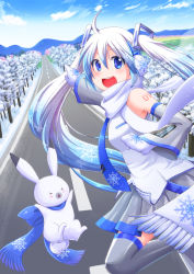 Rule 34 | &gt; &lt;, 1girl, 1other, absurdres, aira (exp), bare shoulders, blue hair, blue neckwear, blue scarf, blush, rabbit, cherry blossoms, commentary, day, detached sleeves, earmuffs, gradient hair, grey legwear, grey skirt, grey sleeves, hair ornament, hatsune miku, highres, leg up, light blush, long hair, looking at viewer, mountainous horizon, multicolored hair, necktie, outdoors, pine tree, pointing, rabbit yukine, ribbon, road, scarf, shirt, shoulder tattoo, skirt, sleeveless, sleeveless shirt, snow, snowflake print, street, tattoo, tree, twintails, very long hair, vocaloid, white hair, white scarf, white shirt, yuki miku, yuki miku (2011)