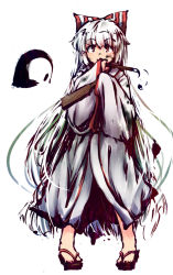 Rule 34 | 1girl, bow, covering own mouth, fujiwara no mokou, geta, hagoita, hair bow, hand over own mouth, long hair, paddle, red eyes, solo, touhou, umarutsufuri, very long hair, white background, white hair, wide sleeves