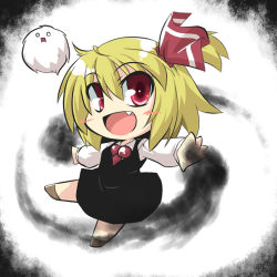 Rule 34 | black dress, blonde hair, blush stickers, bow, chibi, commentary request, dress, fang, goma (gomasamune), hair bow, kedama (touhou), necktie, outstretched arms, red eyes, rumia, shirt, side ponytail, smile, touhou, white shirt