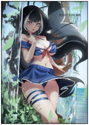 Rule 34 | 1girl, absurdres, aelion draws, ahoge, bare shoulders, black hair, blue skirt, blunt bangs, border, breasts, cetacean tail, cleavage, commentary, cowboy shot, crossed legs, english commentary, fins, fish tail, frilled skirt, frills, halterneck, hand up, heart, heart ahoge, highres, indie virtual youtuber, large breasts, leaf, long hair, multicolored hair, navel, orca girl, outdoors, panties, pantyshot, patreon username, plant, sailor bikini, sailor collar, shylily, shylily (1st costume), signature, skirt, solo, standing, swimsuit, tail, tail raised, tattoo, teeth, thigh strap, thighs, tongue, tongue out, two-tone hair, underwear, upper teeth only, virtual youtuber, water, waterfall, white border, white hair