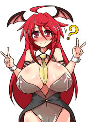 Rule 34 | 1girl, ?, ahoge, alternate costume, bare shoulders, bat wings, blush, breasts, cowboy shot, demon wings, double v, head wings, huge breasts, koakuma, leotard, looking at viewer, necktie, nontraditional playboy bunny, playboy bunny, red eyes, red hair, rindou (p41neko), smile, solo, swept bangs, tailcoat, touhou, v, wings, wrist cuffs, yellow necktie