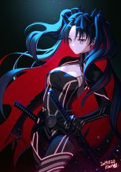Rule 34 | 1girl, belt, black background, black belt, black bodysuit, black hair, bodysuit, breasts, brown eyes, cleavage cutout, clothing cutout, colored inner hair, commentary, fate/grand order, fate (series), highres, holding, holding sword, holding weapon, horns, ishtar (fate), katana, kiwi (pixiv6429539), long hair, multicolored hair, red hair, solo, space ishtar (fate), space ishtar (first ascension) (fate), standing, sword, tohsaka rin, twintails, two-tone hair, very long hair, weapon