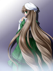 Rule 34 | 00s, 1girl, brown hair, dress, drill hair, frills, green dress, green eyes, hat, lolita fashion, long hair, open mouth, rozen maiden, solo, straightchromia, suiseiseki, twin drills, twintails, very long hair