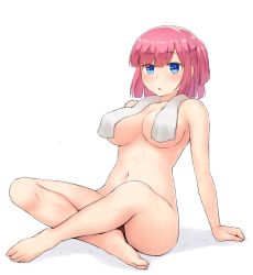 Rule 34 | 1girl, bad id, bad pixiv id, blue eyes, breasts, cold (hoshinoskull), commentary request, convenient censoring, large breasts, looking at viewer, mochizuki momiji, navel, new game!, nude, simple background, solo, towel, towel around neck, towel over breasts, white background