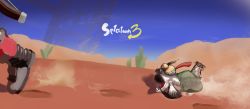 Rule 34 | 1other, afterimage, ambiguous gender, animal focus, blue sky, bulging eyes, chasing, colored sclera, copyright name, day, derivative work, desert, dust, english text, fish, footprints, from side, full body, highres, inkling, inkling player character, logo, motion lines, multicolored footwear, nintendo, open mouth, outdoors, red eyes, red hair, running, sand, screenshot redraw, shoes, short hair, sky, smallfry (splatoon), solo focus, splatoon (series), splatoon 3, teeth, tongue, wikida (gebagebaba), yellow sclera