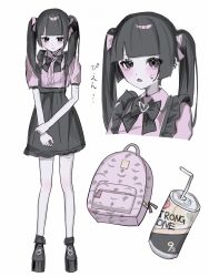 1girl :&lt; aegyo_sal amagi_ipigo_(nyaan2nyaan) backpack bag bendy_straw black_bow black_bowtie black_hair black_shoes black_skirt blunt_bangs blush bow bowtie brand_name_imitation can closed_mouth commentary_request cropped_torso crying crying_with_eyes_open drinking_straw fake_eyelashes frills grey_eyes hair_ribbon highres jirai_kei long_hair looking_at_viewer multiple_views original parted_lips pink_bag pink_ribbon pink_shirt ribbon self-harm_scar shirt shoes short_sleeves simple_background sketch skirt strong_zero tears twintails unworn_bag white_background