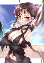 Rule 34 | 1girl, absurdres, ahoge, bare shoulders, beach, black dress, blue sky, blush, border, braid, breasts, brown hair, collarbone, crossed arms, day, dress, ear piercing, fate/grand order, fate (series), glasses, hair ornament, hair scrunchie, hane yuki, heroic spirit chaldea park outfit, highres, large breasts, long hair, looking at viewer, navel, o-ring, parted lips, piercing, revealing clothes, ribbon-trimmed dress, scrunchie, single braid, sky, solo, strapless, strapless dress, very long hair, white border, yu mei-ren (fate), yu mei-ren (festival outfit) (fate)
