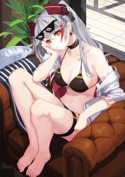 Rule 34 | 1girl, aoiro (t aoiro123), azur lane, bare shoulders, barefoot, bikini, black bikini, black choker, breasts, chair, cheek rest, choker, cleavage, collarbone, deal with it (meme), earrings, eyewear on head, feet on chair, flag print, from above, german flag bikini, grey hair, highres, jacket, jewelry, knees up, long hair, looking at viewer, medium breasts, meme, multicolored hair, navel, off shoulder, open clothes, open jacket, prinz eugen (azur lane), prinz eugen (unfading smile) (azur lane), red eyes, sitting, slit pupils, solo, streaked hair, string bikini, sunglasses, swimsuit, thigh strap, two side up, white jacket