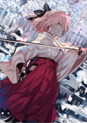 Rule 34 | 1girl, armor, black bow, blurry, bow, cherry blossoms, depth of field, fate/grand order, fate (series), from side, hair bow, hakama, hakama skirt, hip vent, holding, holding sword, holding weapon, japanese armor, japanese clothes, katana, kimono, koha-ace, kote, long sleeves, looking at viewer, looking to the side, okita souji (fate), okita souji (koha-ace), pink hair, ran (bukeranwu), skirt, smile, solo, sword, weapon, wide sleeves, yellow eyes