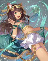 Rule 34 | 1girl, animal ears, armlet, bare shoulders, bastet (p&amp;d), blush, bracer, brown hair, cape, cat ears, cat tail, dark-skinned female, dark skin, dutch angle, egyptian, energy ball, fang, flat chest, gold, green eyes, grey background, headpiece, jewelry, legs, light particles, long hair, looking at viewer, midriff, navel, necklace, open mouth, puzzle &amp; dragons, reeh (yukuri130), shorts, skirt, solo, strapless, tail, tube top, waving, wrist cuffs