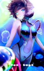 Rule 34 | 1girl, air bubble, black sclera, blue eyes, blue one-piece swimsuit, braid, breasts, bubble, character name, colored sclera, crown braid, fate/grand order, fate (series), heterochromia, highleg, highleg swimsuit, highres, jellyfish, leaf, long hair, looking at viewer, looking to the side, one-piece swimsuit, orange hair, parted lips, side braid, small breasts, smile, solo, suntakuchan, swimsuit, underwater, van gogh (fate), white eyes, white one-piece swimsuit