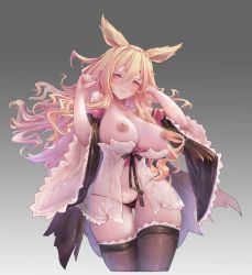 Rule 34 | 1girl, absurdres, animal ears, bare shoulders, black ribbon, black thighhighs, blonde hair, breasts, closed mouth, collarbone, commentary request, detached sleeves, dorothy (shingeki no bahamut), gradient background, grey background, hair between eyes, hands up, highres, huge filesize, inverted nipples, large breasts, long hair, looking at viewer, mole, mole on breast, navel, nipples, red eyes, ribbon, shadowverse, shingeki no bahamut, smile, solo, thighhighs, wide sleeves, xionghan de guangtou