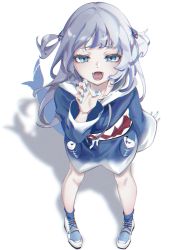 Rule 34 | 1girl, blue eyes, blue footwear, blue hair, blue hoodie, blue nails, claw pose, eyeshadow, fang, fins, fish tail, from above, gawr gura, gawr gura (1st costume), highres, hololive, hololive english, hood, hoodie, makeup, multicolored hair, nail polish, natsume hinako, open mouth, pink eyeshadow, shark girl, shark tail, silver hair, solo, streaked hair, tail, two side up, virtual youtuber