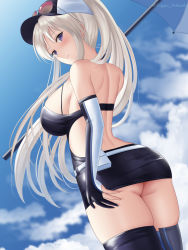 Rule 34 | 1girl, ass, azur lane, back, baseball cap, blush, breasts, closed mouth, elbow gloves, enterprise (azur lane), enterprise (wind catcher) (azur lane), eyewear on headwear, floating hair, gloves, hair through headwear, hat, highres, holding, holding umbrella, large breasts, long hair, looking at viewer, looking back, official alternate costume, partially fingerless gloves, ponytail, purple eyes, race queen, sideboob, solo, sunglasses, thighhighs, togare, umbrella, white hair