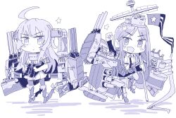 Rule 34 | 2girls, ahoge, binoculars, blue theme, cannon, chibi, clenched hand, full body, headgear, highres, jacket, jacket partially removed, jura cambri, kantai collection, long hair, looking at viewer, machinery, mask, monochrome, multicolored hair, multiple girls, necktie, pencil skirt, pennant, pleated skirt, skirt, smile, south dakota (kancolle), standing, star (symbol), torpedo launcher, turret, washington (kancolle)