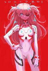 Rule 34 | 1girl, blue eyes, bodysuit, boyaking, breasts, brown hair, evangelion: 3.0+1.0 thrice upon a time, eyepatch, hair ornament, hand on own hip, highres, long hair, looking at viewer, neon genesis evangelion, pilot suit, plugsuit, rebuild of evangelion, shiny clothes, skin tight, solo, souryuu asuka langley, two side up, very long hair, white bodysuit, wide hips