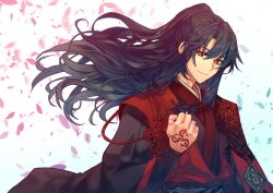 Rule 34 | 1boy, animated, animated png, black hair, black hanfu, chinese clothes, closed eyes, falling petals, fate/samurai remnant, fate (series), half updo, hanfu, high ponytail, kuroaki, low-tied sidelocks, non-repeating animation, open hand, petals, red robe, robe, solo