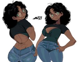 Rule 34 | 1girl, absurdres, ass, backless outfit, black hair, black shirt, blue pants, breasts, cleavage cutout, clothing cutout, dark-skinned female, dark skin, green eyes, hand on own hip, highres, large breasts, long hair, mole, mole under eye, multiple views, original, pants, shirt, simple background, white background, whoopsatro