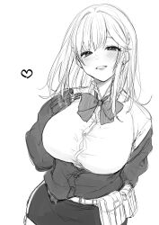 Rule 34 | 1girl, belt pouch, blush, bow, bowtie, breasts, button gap, claw ring, cleavage, collared shirt, earrings, goddess of victory: nikke, greyscale, grin, hair ornament, heart, highres, inotukuhito, jacket, jewelry, large breasts, long hair, looking at viewer, monochrome, multiple rings, off-shoulder jacket, off shoulder, pencil skirt, pouch, puffy sleeves, ring, shirt, simple background, sketch, skirt, sleeves past wrists, smile, solo, strap, tia (nikke), white background, white shirt