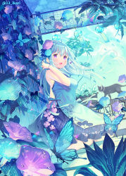 Rule 34 | 1girl, :d, ahoge, animal, bare arms, bare shoulders, black cat, blue bow, blue dress, blue flower, blue hair, blush, bow, bracelet, breasts, bug, butterfly, cat, commentary request, dress, earrings, floating hair, floral print, flower, hair between eyes, hair flower, hair ornament, hand up, highres, ikari (aor3507), indoors, insect, jewelry, long hair, medium breasts, open mouth, original, print dress, purple eyes, purple flower, sleeveless, sleeveless dress, smile, solo, standing, stud earrings, twitter username, very long hair, white flower, wind chime