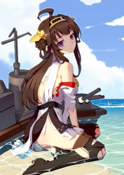 Rule 34 | 10s, 1girl, ahoge, bare shoulders, black thighhighs, brown hair, cannon, day, double bun, hair bun, japanese clothes, kantai collection, kongou (kancolle), long hair, looking at viewer, looking back, nontraditional miko, partially submerged, purple eyes, sitting, solo, thighhighs, torn clothes, vmax-ver, wariza, water, yokozuwari