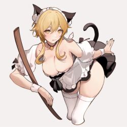Rule 34 | 1girl, animal ears, apron, black dress, black nails, blonde hair, breasts, cat ears, cat girl, cat tail, cleavage, closed mouth, commentary, dress, english commentary, genshin impact, highres, licking lips, looking at viewer, lumine (genshin impact), maid, maid apron, maid headdress, nevercrymoon, short hair with long locks, solo, tail, thighhighs, tongue, tongue out, white apron, white headwear, white sleeves, white thighhighs, yellow eyes