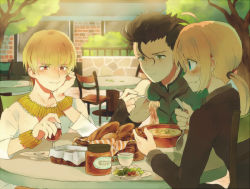 Rule 34 | 1girl, 2boys, ahoge, alcohol, artoria pendragon (all), artoria pendragon (fate), bad id, bad pixiv id, black hair, blonde hair, blush, bracelet, bread, diarmuid ua duibhne (lancer) (fate), eating, fate/zero, fate (series), food, formal, gilgamesh (fate), green eyes, gyoe, jewelry, multiple boys, necklace, official alternate costume, pant suit, pants, pasta, ponytail, red eyes, saber (fate), salad, soup, spaghetti, suit, wine, yellow eyes