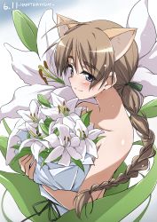 Rule 34 | 1girl, absurdres, animal ears, birthday, blue eyes, blush, bouquet, braid, braided ponytail, brown hair, cat ears, closed mouth, collarbone, flower, hair ornament, hair ribbon, highres, lily (flower), long hair, looking at viewer, looking to the side, lynette bishop, nude, ponytail, ribbon, smile, solo, strike witches, tokiani, world witches series