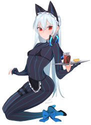 1girl, apron, beijuu, bikini, bikini top, bodysuit, breasts, closed mouth, cup, drinking glass, girls frontline, hair between eyes, high heels, holding, holding plate, kneeling, long hair, looking at viewer, pinstripe pattern, plate, red eyes, silver hair, simple background, small breasts, smile, solo, striped, swimsuit, thigh strap, tokarev (girls frontline), waist apron, white background