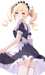 Rule 34 | 1girl, absurdres, alternate costume, apron, backless dress, backless outfit, barbara (genshin impact), black dress, blonde hair, clothes lift, commentary, dress, dress lift, drill hair, enmaided, from behind, genshin impact, heart, heart tattoo, highres, kenomotsu yukuwa, leg tattoo, looking at viewer, maid, maid apron, maid headdress, parted lips, puffy short sleeves, puffy sleeves, short sleeves, simple background, solo, tattoo, thighhighs, twin drills, twintails, white background, white thighhighs, zettai ryouiki