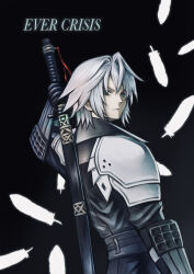 Rule 34 | 1boy, absurdres, aged down, armor, black background, black gloves, black jacket, closed mouth, commentary request, english text, falling feathers, feathers, final fantasy, final fantasy vii, final fantasy vii ever crisis, glint, gloves, green eyes, grey hair, hand up, highres, holding, holding sword, holding weapon, jacket, katana, looking at viewer, looking back, male focus, sephiroth, short hair, shoulder armor, solo, sword, upper body, weapon, white feathers, zupakyo
