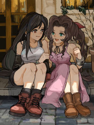 Rule 34 | 2girls, :d, aerith gainsborough, bangle, bare shoulders, black gloves, black hair, black skirt, boots, bracelet, braid, braided ponytail, breasts, brick floor, brown eyes, brown footwear, brown hair, choker, closed mouth, commentary request, door, dress, earrings, elbow gloves, final fantasy, final fantasy vii, front slit, full body, gainsborough house, gloves, green eyes, hair ribbon, highres, holding another&#039;s arm, house, jewelry, large breasts, long dress, long hair, looking at another, medium breasts, miniskirt pirates, multiple girls, open mouth, outdoors, parted bangs, pink dress, pink ribbon, plant, porch, potted plant, red footwear, ribbon, shadow, shirt, sidelocks, sitting, skirt, sleeveless, sleeveless dress, sleeveless shirt, smile, square enix, suspenders, tifa lockhart, uzutanco, white shirt, window