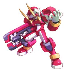 Rule 34 | 1boy, absurdres, android, archived source, armor, bodysuit, breastplate, clenched teeth, fighting fefnir (mega man), fighting stance, full body, gun, highres, holding, holding weapon, horns, legs apart, looking at viewer, male focus, mega man (series), mega man zero (series), mega man zero 1, nakayama tooru, official art, red armor, red bodysuit, red eyes, red helmet, simple background, solo, standing, teeth, transparent background, two-tone bodysuit, weapon, white bodysuit