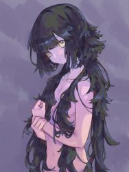 Rule 34 | 1girl, ak yohuke, androgynous, black hair, clenched hand, closed mouth, collarbone, colored skin, cowboy shot, expressionless, flat chest, grey background, hair over breasts, highres, holding own wrist, long hair, looking at viewer, looking to the side, messy hair, nude, original, pink skin, solo, very long hair, yellow eyes