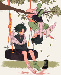 Rule 34 | 2boys, absurdres, angel wings, aqua hair, bandaged foot, bandages, branch, genshin impact, hanging from tree, highres, leaves, multiple boys, overine19, rope, shoes, unworn shoes, socks, tire, tire swing, upside-down, venti (genshin impact), wings, xiao (genshin impact), yellow eyes