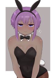 Rule 34 | 1girl, animal ears, bare shoulders, black bow, black bowtie, black hairband, black leotard, blush, bow, bowtie, breasts, brown pantyhose, closed mouth, collar, collarbone, covered navel, dark-skinned female, dark skin, detached collar, fake animal ears, fate/prototype, fate/prototype: fragments of blue and silver, fate (series), fishnet pantyhose, fishnets, flying sweatdrops, grey background, hairband, hassan of serenity (fate), highres, i.u.y, leotard, nervous smile, pantyhose, playboy bunny, purple eyes, purple hair, rabbit ears, sidelocks, small breasts, smile, solo, strapless, strapless leotard, two-tone background, wavy mouth, white background, white collar