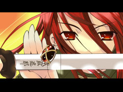 Rule 34 | 1girl, alastor (shakugan no shana), highres, ito noizi, jewelry, letterboxed, parody, pendant, red hair, shakugan no shana, shana, solo, sword, vector trace, wallpaper, weapon