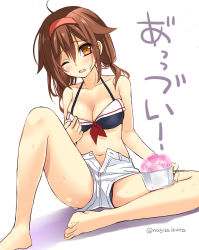 Rule 34 | 10s, 1girl, alternate hairstyle, bare shoulders, bikini, black panties, bra, breasts, brown hair, food, hair ornament, hairband, ikura nagisa, kantai collection, looking at viewer, low twintails, one eye closed, open mouth, orange eyes, panties, red hairband, sailor bikini, sailor collar, shaved ice, shiratsuyu (kancolle), short hair, shorts, simple background, sitting, smile, solo, sweat, swimsuit, translated, twintails, twitter username, underwear, unzipped, upshorts, white background