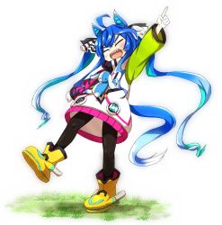 Rule 34 | 1girl, ahoge, animal ears, aqua hair, arm up, black leggings, blue hair, blush, boots, bow, clenched hand, closed eyes, commentary request, crossed bangs, full body, grass, hair bow, highres, hood, hoodie, horse ears, horse girl, horse tail, leg up, leggings, long hair, long sleeves, multicolored clothes, multicolored hair, multicolored hoodie, open mouth, pointing, pointing up, rakuto89, sharp teeth, sidelocks, simple background, solo, standing, standing on one leg, striped bow, stuffed animal, stuffed rabbit, stuffed toy, tail, teeth, twin turbo (umamusume), twintails, two-tone hair, umamusume, upper teeth only, very long hair, white background, yellow footwear