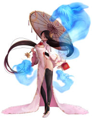 Rule 34 | 1girl, absurdly long hair, black hair, black thighhighs, book, breasts, butterfly hair ornament, cleavage, cleavage cutout, clothing cutout, dress, flower, full body, glasses, groin, hair ornament, highres, holding, holding book, holding umbrella, koflif, large breasts, long hair, long sleeves, looking away, oil-paper umbrella, open book, original, red eyes, red flower, round eyewear, shadow seven, shoes, side slit, simple background, sleeves past wrists, solo, spider lily, spirit, standing, thighhighs, thighs, umbrella, very long hair, white background, white dress, white footwear, white umbrella, wide sleeves