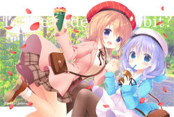 Rule 34 | 2girls, :d, aono ribbon, bag, beret, black ribbon, blue eyes, blue hair, blue jacket, blush, braid, brown footwear, brown hair, brown legwear, brown skirt, coat, collared shirt, commentary request, copyright name, crepe, cup, disposable cup, dress, dress shirt, drinking straw, food, gochuumon wa usagi desu ka?, hair over shoulder, hat, holding, holding cup, holding food, hoto cocoa, jacket, kafuu chino, long hair, long sleeves, looking at viewer, multiple girls, neck ribbon, open clothes, open coat, open mouth, pantyhose, petals, pink coat, plaid, plaid skirt, pleated skirt, purple eyes, red headwear, ribbon, shirt, shoe soles, shoes, shoulder bag, skirt, sleeves past wrists, smile, socks, twin braids, twitter username, very long hair, white dress, white headwear, white legwear, white shirt