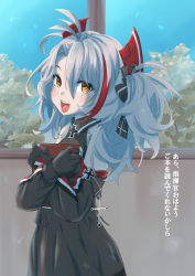 Rule 34 | 1girl, azur lane, black dress, black gloves, book, cross, crossed arms, dress, from side, gloves, grey hair, hair between eyes, headgear, highres, himeno tatsuta, holding, holding book, iron cross, little prinz eugen (azur lane), looking at viewer, multicolored hair, open mouth, red hair, solo, streaked hair, teeth, translation request, two-tone hair, upper teeth only, window