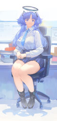 Rule 34 | 1girl, absurdres, bare legs, black footwear, black skirt, blue archive, blue necktie, breasts, button gap, halo, highres, indoors, large breasts, long hair, long sleeves, looking at viewer, meinoss, monitor, necktie, own hands together, pleated skirt, purple eyes, purple hair, shirt, shirt tucked in, sitting, skirt, solo, tented shirt, thick thighs, thighs, two side up, very long hair, white shirt, yuuka (blue archive)