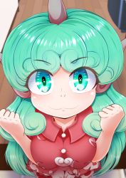 Rule 34 | 1girl, breasts, buttons, closed mouth, collared shirt, commentary request, dollyspica, eyelashes, eyes visible through hair, floor, green eyes, green hair, grey shorts, hands up, horns, indoors, komano aunn, long hair, looking at viewer, medium breasts, red shirt, shirt, short sleeves, shorts, sitting, smile, solo, touhou, wall