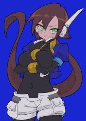 Rule 34 | 1girl, absurdres, aile (mega man zx), arms under breasts, black bodysuit, blue background, blue jacket, blush, bodysuit, bodysuit under clothes, breasts, brown hair, buzzlyears, covered collarbone, covered navel, cowboy shot, cropped jacket, finger to face, green eyes, highres, jacket, large breasts, long hair, looking at viewer, mega man (series), mega man zx, mega man zx advent, open clothes, open jacket, ponytail, robot ears, short sleeves, shorts, simple background, smile, solo, teeth, upper body, white shorts