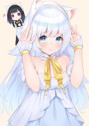 Rule 34 | 2girls, :&gt;, absurdres, animal ear fluff, animal ears, apron, black hair, blue eyes, blunt bangs, blush, bow, braid, brown background, camera, chibi, closed mouth, collarbone, commentary request, detached sleeves, dress, fake animal ears, hairband, hands up, hashiko nowoto, heart, highres, holding, holding camera, layered sleeves, long sleeves, maid, maid apron, multiple girls, original, puffy short sleeves, puffy sleeves, purple eyes, short over long sleeves, short sleeves, silver hair, simple background, smile, solo focus, strapless, strapless dress, tears, v-shaped eyebrows, white apron, white dress, white hairband, white sleeves, wrist cuffs, yellow bow