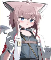Rule 34 | 1girl, absurdres, ahoge, animal ear fluff, animal ears, arknights, black choker, blue eyes, breasts, brown hair, choker, cleavage, collarbone, commentary request, dress, flying sweatdrops, fox ears, fox girl, fox tail, gloves, grey dress, hair between eyes, hands up, highres, holding, jacket, looking at viewer, mimikaki, open clothes, open jacket, simple background, small breasts, solo, spam (spamham4506), sussurro (arknights), tail, upper body, white background, white gloves, white jacket